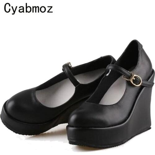 Cyabmoz Genuine Leather Height increasing Shoes Woman High heels Pumps Wedge Platform Women Party Ladies Black Fashion New Shoes