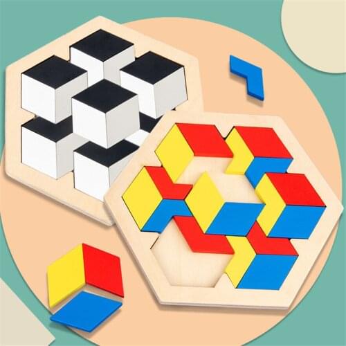 Wooden Colorful 3D Puzzle Toy Wood Jigsaw Geometry Tangram Puzzles Kindergarten Early Educational Toys for Children Kids Gifts