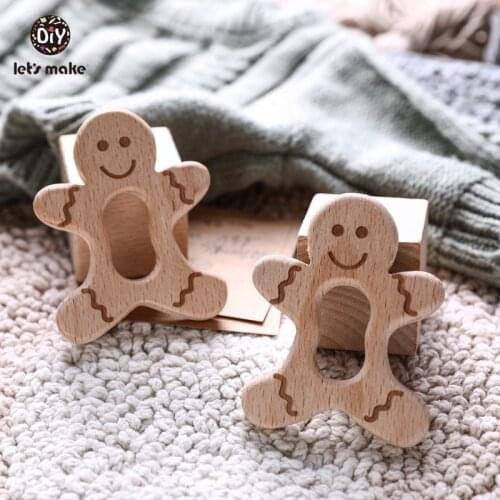 Lets Make 1pc Wooden Teethers Food Grade Beech Wood Gingerbreadman Biscuits Shape Diy Pacifier Chain Bpa Free Wood Baby Teether