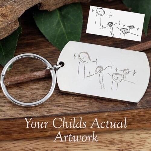 Customized Sterling Silver Childrens Drawing Keychain Kids Art Child Artwork Custom Name Jewelry Mothers day GIFT Kids