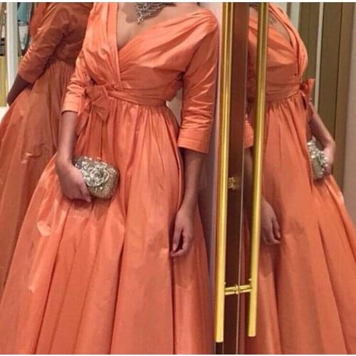 Freeshipping A Line V Neck Three Quater Sleeves Orange Taffeta Long Prom Dresses