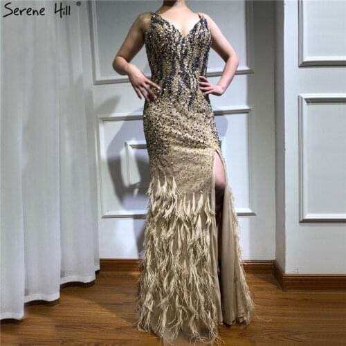 Dubai Design Gold V-Neck Sexy Evening Dresses Crystal Feathers Mermaid Formal Dress 2020 Serene Hill LA70077