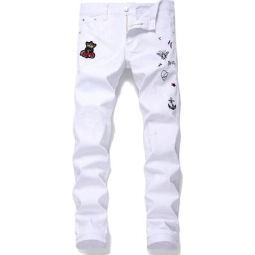 Jeans mens casual pants New European American white non-elastic hole patch embroidery bee nightclub small straight trousers
