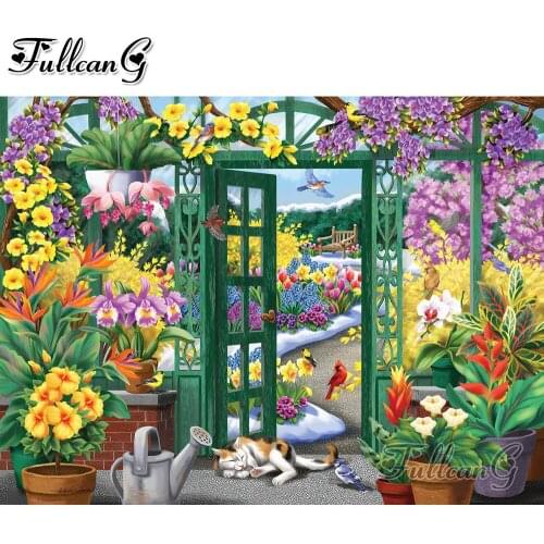 FULLCANG Spring flowers cat diy 5d mosaic diamond painting full square round drill rhinestone embroidery sale decoration FC2661