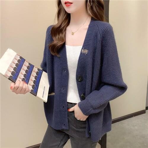 Cardigan womens loose fit Korean long sleeve versatile solid color spring and autumn 2021 new sweater coat fashion