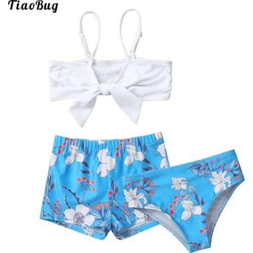 3Pcs Kids Girls Swimwear Adjustable Straps Bowknot Knotted Front Top And Floral Print Boyshorts Briefs Set Beach Bikini Swimwear