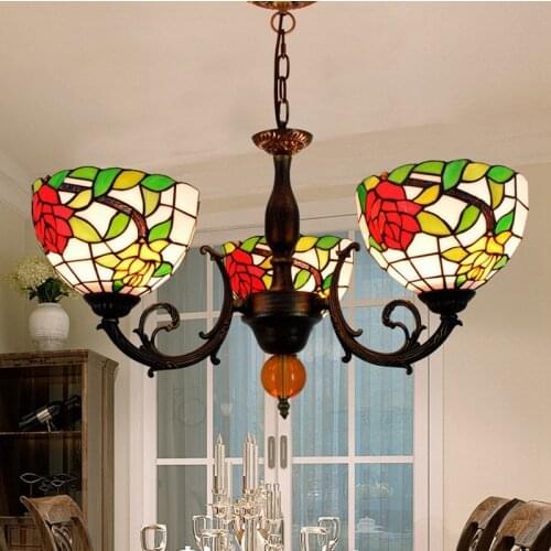 European-Style Creative Tiffany Colored Glass Living Room Dining Room Bedroom Bar Club Tea House Rose 3 Chandelier