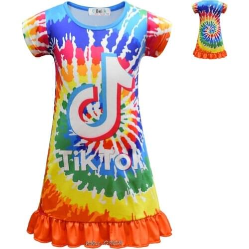 Hot Tik Tok Summer Girls Tops Dresses Fashion Baby Girls Clothes Dress Kids Cotton Cute Print Short Sleeve Dress