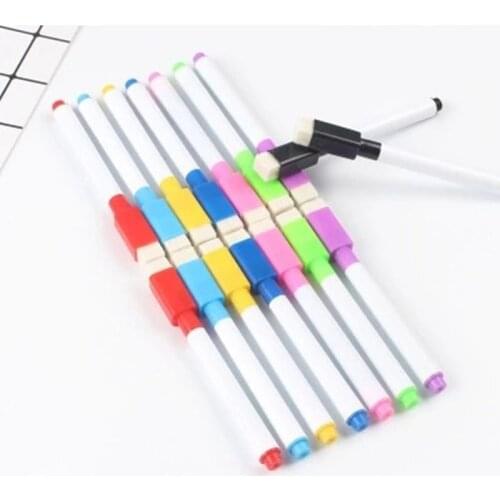 8Pcs/lot Colorful Black School Classroom Whiteboard Pen Dry White Board Markers Built In Eraser Student Childrens Drawing Pen