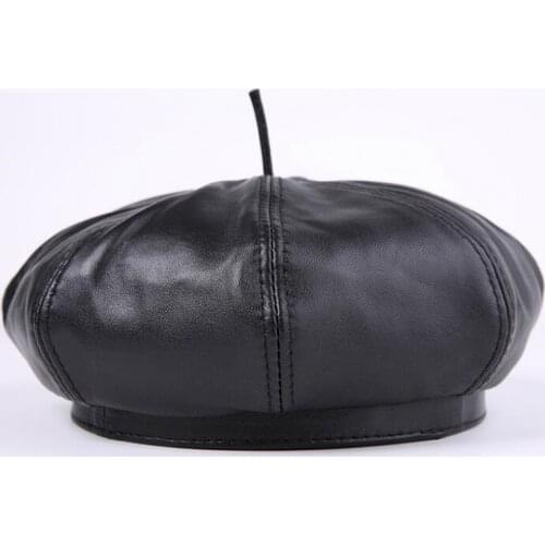 H7637 Fashion Genuine Leather Beret Hat Men Women Autumn Winter Sheepskin Berets Cap Outdoor Painter Comfortable Warm Black Hats