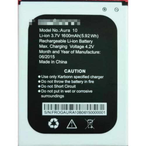 Original size battery 3.7V 5.92WH 1600mAh for Karbonn Aura 10 cell phone battery