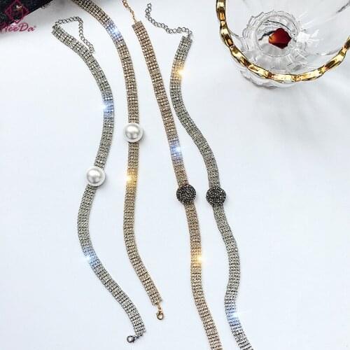 Japan Korean New Rhinestone Pearl Chokers Necklace Women Summer Sexy Set Auger Clavicular Chain 2019 Fashion Joker Neck Ornament