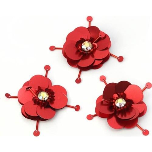 Plastic Cotton Appliqued Patches AB Color Red White Rhinestone Bead Sequined Flower Garment Accessory 6.9*6.9cm, 4.6*4.9cm 2 PCs