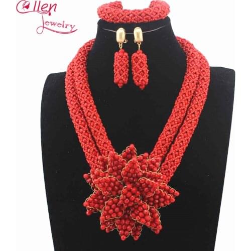 Popular nigerian Wedding Bridal Jewelry Sets Women Red Crystal Costume Necklace African Beads Jewelry Set Free Shipping W13288