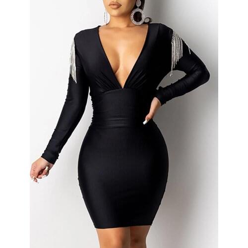 Sexy V-Neck Long Sleeve Tassel Design Bodycon Dress