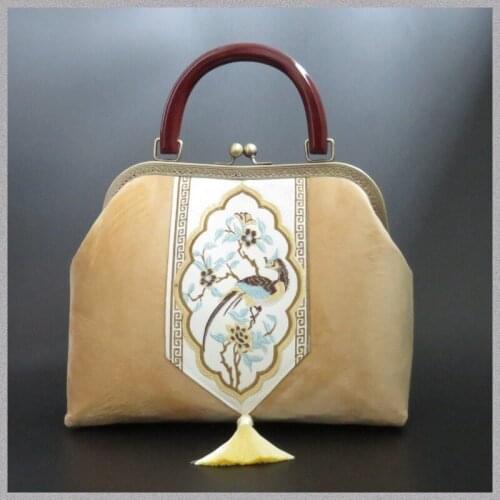 Handmade Bag Gold Bag Vintage Chinese-Style Handbag Banquet Cheongsam Hanfu Original Wooden Handle Cross-Body Womens Bag