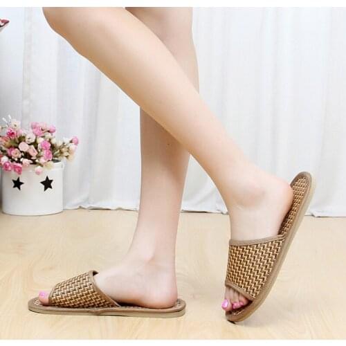 Retro Ethnic Style Woven Rattan Women Slippers Fashion Straw Woven Home Slippers for Men Summer Lightweight Non-slip Sandals