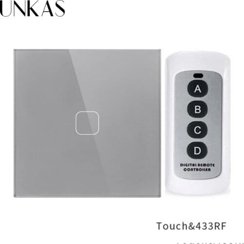 UNKAS EU/UK Standard 1 Gang 1 Way remote control switch, AC 170~240V Wall Light Remote Touch Switch With Mini Remote Controller