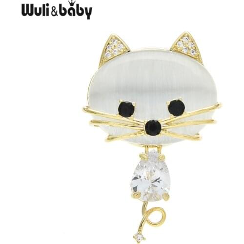 Wuli&baby Opal Cat Magnet Brooches For Women Unisex Cubic Zirconia Lovely Cat Collar Pins Jewelry Gifts