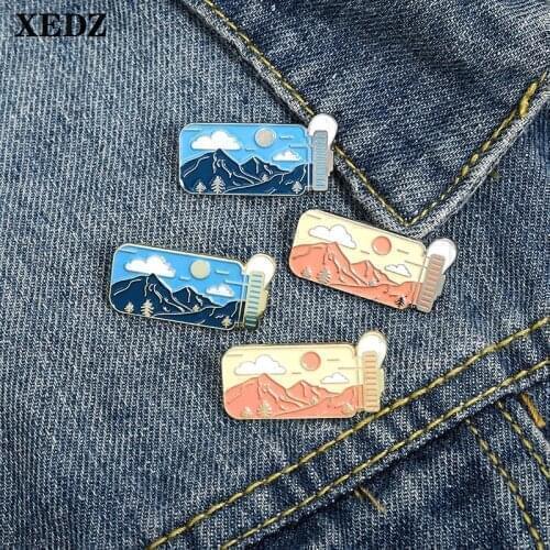 XEDZ Dream Drifting Bottle Metal Pin Snow Mountain Blue Pink Comic Wind Sunset Cloud Badge Custom Punk Brooch Gift for Friends