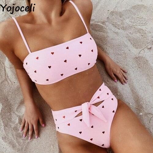 Yojoceli Elegant heart print bow swimming suit for women Summer beach cool swimwear girl Sexy strap 2 pieces tankini
