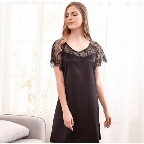 Ladies Home Wear Short Sleeve Nightdress Ice Silk Bathrobe Lace Womens Sexy Nightwear Lingerie Sleep Tops Sleepwear Night Dress