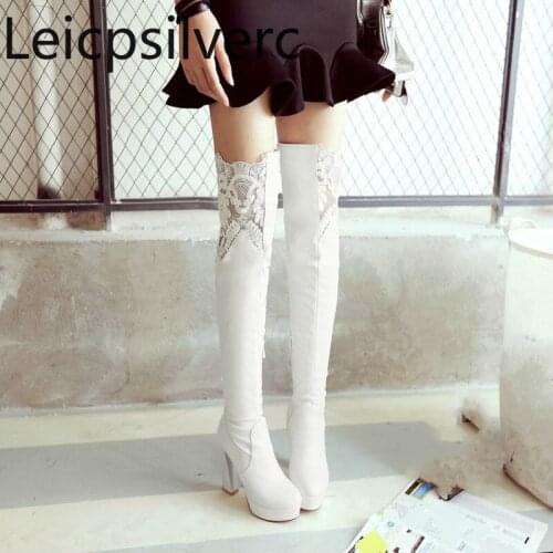 Womens Boots winter new style fashion Round head zipper Lace Thick heel High heel Womens Over the knee boots plus size 33-43