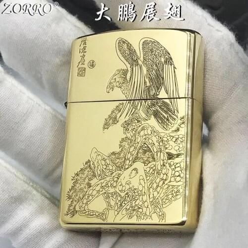 Zorro Pure Copper Kerosene Lighter Fine Carving Eagle Wings Pattern Brass Smoking Tool Gasoline Lighter With Gift Box