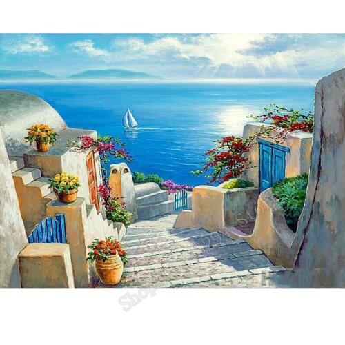 5D DIY Full Square Diamond Painting Seaside Town Diamond Mosaic Embroidery Cross Stitch Decor Mediterranean Landscape FF2167