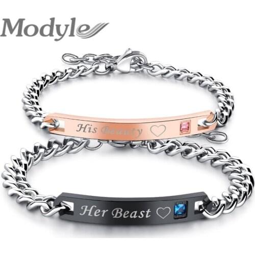 Modyle Drop Shipping His Beauty& Her Beast Heart Wedding Bracelets Stainless Steel Men Promise Jewelry