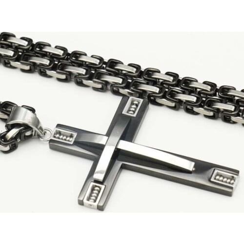Cross Pendant Necklace New Fashion Jewelry Male Gift Trendy Stainless Steel 21.65" 5mm Thick Link Byzantine Chain Choker