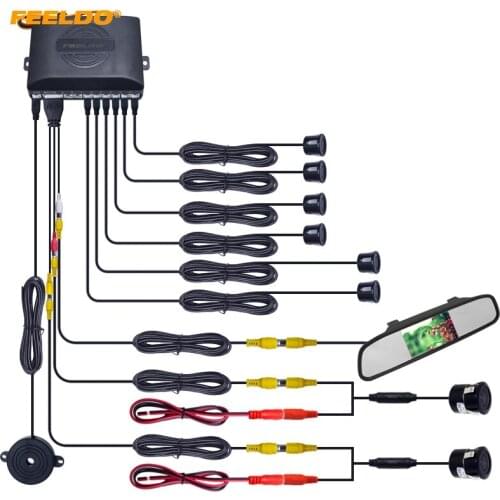 FEELDO 1Set Car 4.3" Rearview Mirror Monitor 6-Sensor Parking Sensor 2pcs CCD Camera Dual Video Rearview Parking System #FD-1977