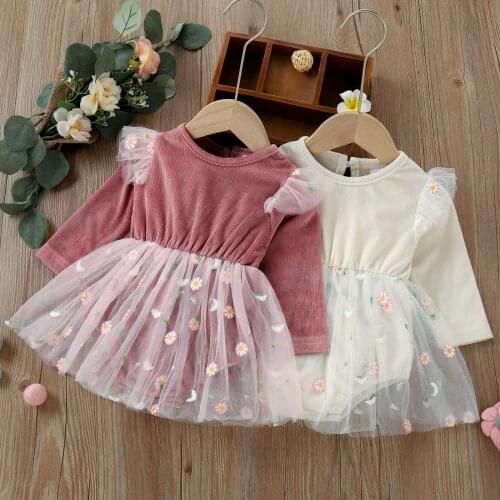 Infant Baby Girls Long Sleeve Floral Printed Tulle Romper Bodysuit Dress Babi Clothes Newborn Girls Rompers Baby Kids Outfit