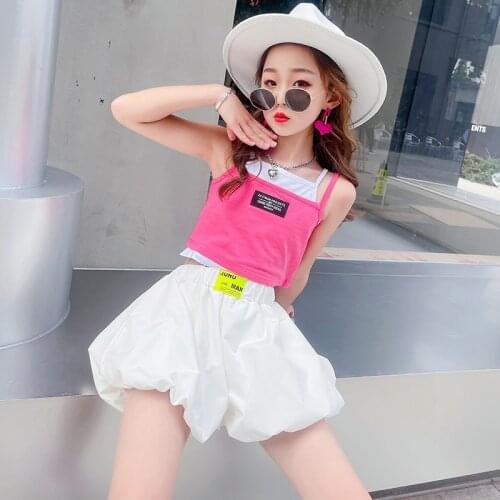 Summer Girls Clothes Sets New Patchwork Vest + High Waist Shorts Suit Kids Outfits Teenagers Girls 2pcs set 4 6 8 10 12 14 years
