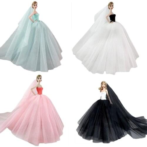 Besegad Doll Long Tail Lace Bridal Wedding Dresses Gown Princess Evening Gauze Dresses With Head Veil Accessories for Barbie Toy