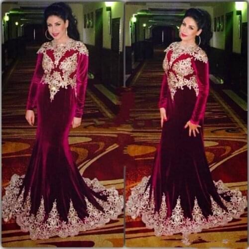 Muslim Evening Dresses For Women Wear Dubai Kaftan Lace Appliqued Velvet Mermaid Moroccan Burgundy Formal Prom evening Gowns