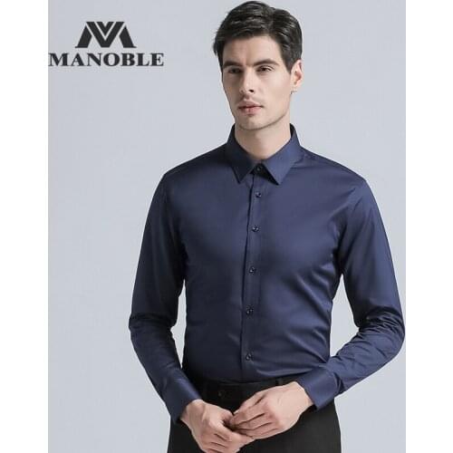 High Quality Mens Dress Shirt Brands New Fashion Regular Fit Shirts Business Long Sleeve with Cufflink Navy Blue