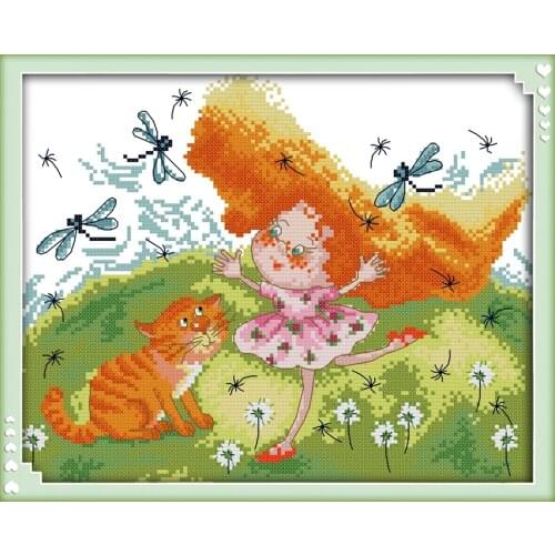Red hair girl and cat cross stitch kit aida 14ct 11ct count printed canvas stitches embroidery DIY handmade needlework