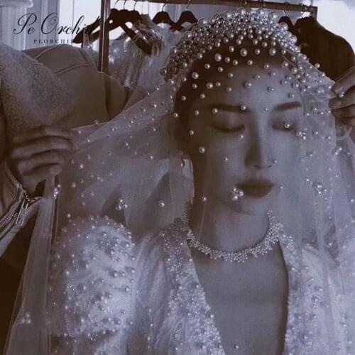 PEORCHID White/Champange Wedding Veils Plearls In Stock Vintage Wedding Hair Accessories For Women Beads Bridal Veil 1.5*1.8M