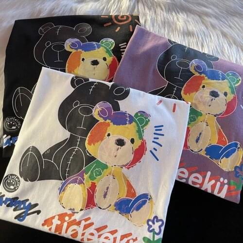 Casual Cotton Vintage Shirt Men Summer Bear Print T shirt Oversize Plus Size Student Streetwear Aesthetic Top Short Sleeve Male