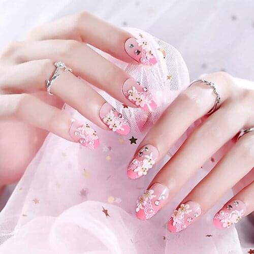 Bridal Wedding Pink Color Beauty Fake Nail Full Cover Acrylic Nail Art Tips with Glue Girls Sweet Flower Design False Nails