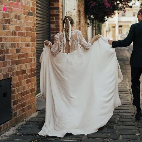 Two Pieces Wedding Dresses Lace Long Sleeve Top Soft Satin Skirt Bridal Gowns Elegant Classical Noivas ZW359