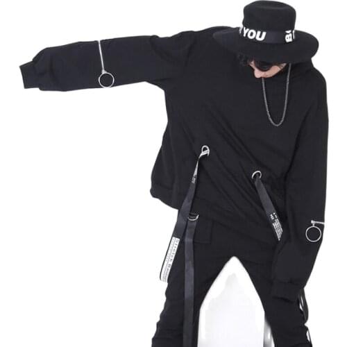 Autumn winter men hip hop oversize hoodie ribbons punk rock cloak men harajuku streetwear nightclub DJ hoodies zipper sweatshirt