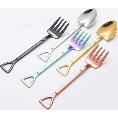 Creative Stainless Steel Shovel Shaped Spoon Fork Colorful Rose Gold Tableware Long Handle Coffee Spoon Teaspoon Stirring Spoon