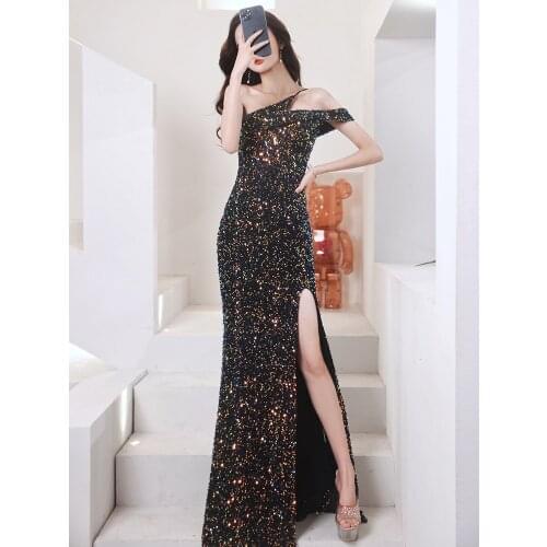 Partysix New WomenOne Shoulder Prom Dresses Elegant Mermaid Sequin Women Formal Gowns Evening Party With Split
