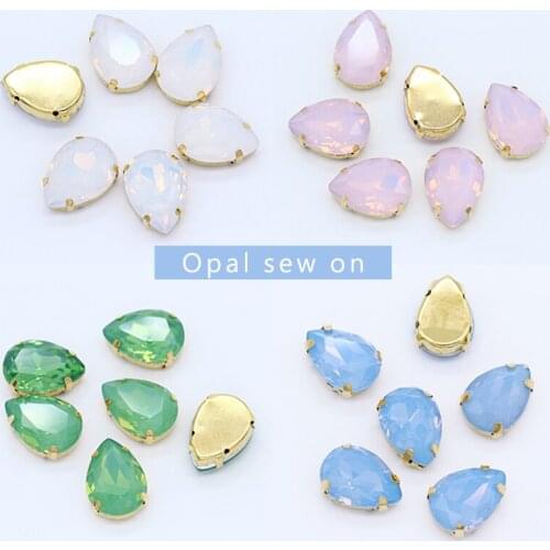 All size Teardrop Gold Claw Sew on glass Button white/green/pink opal sewing Flatback Crystal Rhinestone jewels bead for Garment