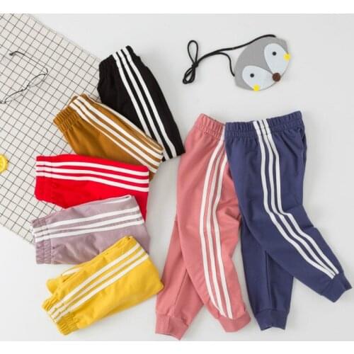 Spring Kids Loose Broadside Stripe Decoration Sportswear Boys Girls Pure Cotton Elastic Waistline Breathable Casual Pants
