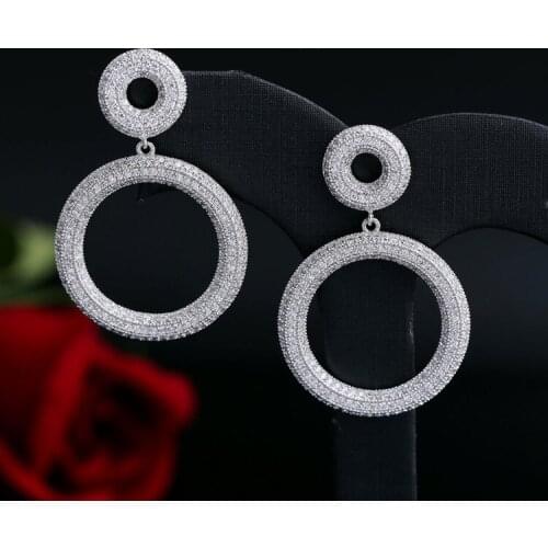 Top Quality New Fashion Double Circles Silver Earrings Exquisite Mosaic AAA Zircon Crystal Drop Earrings for Women Luxury Jewel