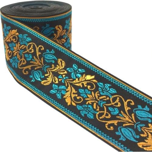 ZERZEEMOOY 2" 5cm 10yard/lot High quality Woven Jacquard Ribbon black background blue and yellow flowers pattern MZZD17032801