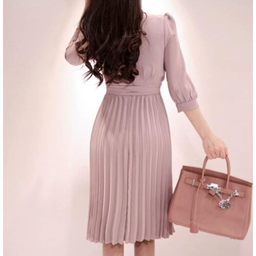 Cross-Border Womens Clothing 2021 Summer New OL Career Elegant Suit Collar Lace-up Waist Hugging Pleated Medium-length Dr